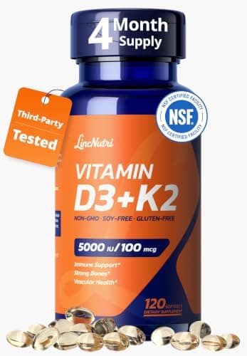 LincNutri Vitamin D3 K2 5000IU, MK-7 100mcg - Third Party Tested, 120 Softgels, Non-GMO, Keto - Easy to Swallow for Bone & Heart Health - Gluten, Soy, Dairy & Egg Free, 4-Month Supply