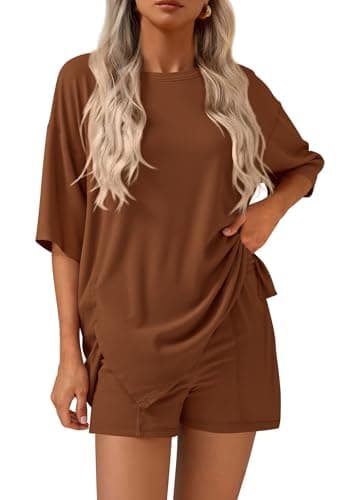 KIRUNDO 2 Piece Sets for Women Summer Lounge Sets Casual Oversized Tshirts Shorts Matching Airport Travel Outfits Postpartum(Brown, XX-Large) - Image 1