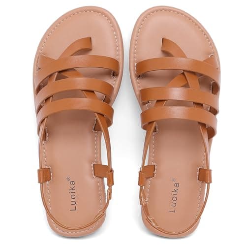 Luoika Women's Wide Width Flat Sandals, Flip Flop Casual Strapy Sandals Slip on Summer Beach Shoes for Women.250769 Brown 9.5XW - Image 1