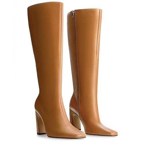 DREAMCIA Brown Knee High Boots for Women Chunky Heel Square Toe Brown Tall Boots with Zipper Fall Long Boots - Image 1
