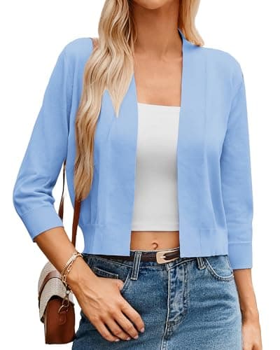 GRACE KARIN Women's Cardigans Sweater Soft Knit 3/4 Sleeve Tunic Bolero Casual Top (Light Blue,L) - Image 1