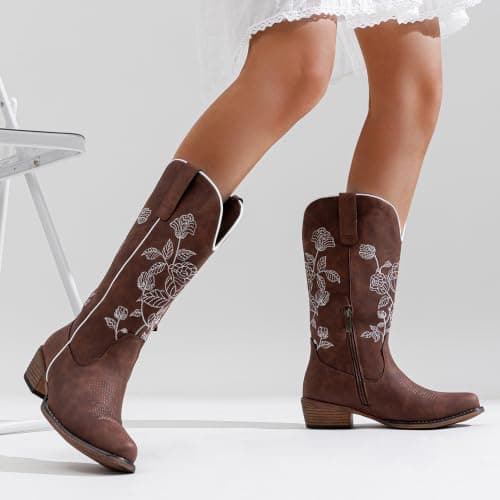 Jeossy Women's Cognac Cowboy Mid Calf Boots, Cute Boot with Embroidery Flower, Low Heel Western Cowgirl 9807 Boot, Comfy Riding Round Toe Boots with Side Zipper, Size 7.5 US(DJY9807 Cognac 07.5) - Thumbnail 2