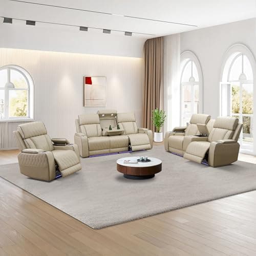 Living Room 3-Piece Power Recliner Sofa Set with USB Ports & Wireless Charging | Breathable Leather Electric Reclining Sofa + Loveseat + Chair | Home Theater Seating with Storage Console & Cup Holders - Image 1