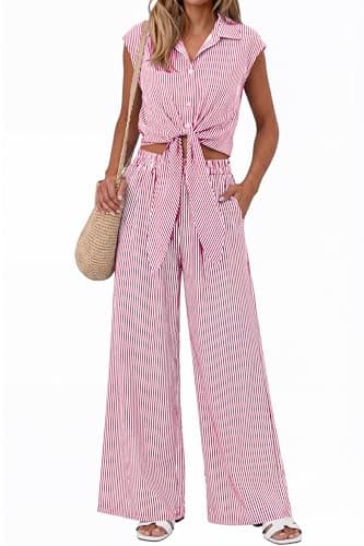 PRETTYGARDEN 2 Piece Sets For Women Summer Striped Button Down Tie Front Crop Tops Wide Leg Pants Floral Lounge Set 2026(Striped Wine Red,Medium) - Image 1