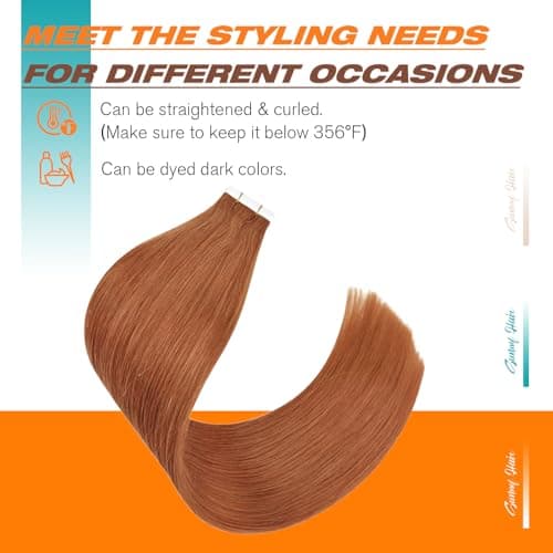 Sunny Hair Tape in Hair Extensions Human Hair Copper Orange Remy Hair Extensions Tape in 22inch Tape in Human Hair Extensions Add Length for Wedding 20Pcs 50g - Thumbnail 4