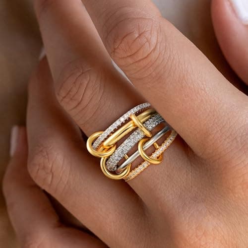 Eaciy Gold Stackable Rings for Women, 18k Gold Plated Cubic Zirconia Rings, Silver Gold Multi Ring Mixed Metals Stackable Ring Set for Women Non Tarnish Size 10 - Thumbnail 5