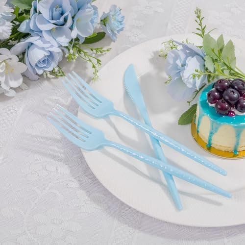 LIYH 150 Pcs Baby Blue Plastic Cutlery Sets - Light Blue Plastic Silverware Heavyduty, Disposable Utensil Sets, 50 of Each Forks, Knives & Spoons Flatware Set for Party Birthday Easter - Thumbnail 6