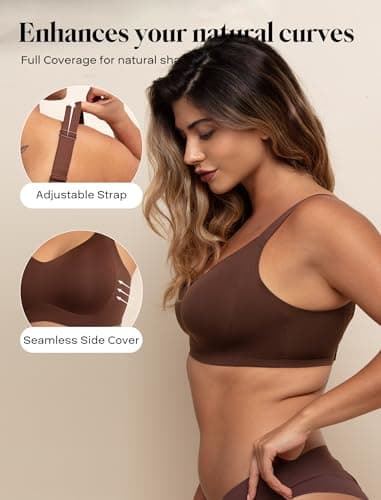 COMFELIE Women Wireless Minimizer Bra Full Coverage Supportive Fit Adjustable Straps Back Smoothing Dark Brown 2XL - Thumbnail 3