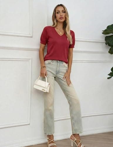LaGracia Puff Short Sleeve Sweater for Women Summer Puff Sleeve Sweater Tops Spring V Neck Cauasl Dressy Shirts Cute 2026 Dark Red S - Thumbnail 5