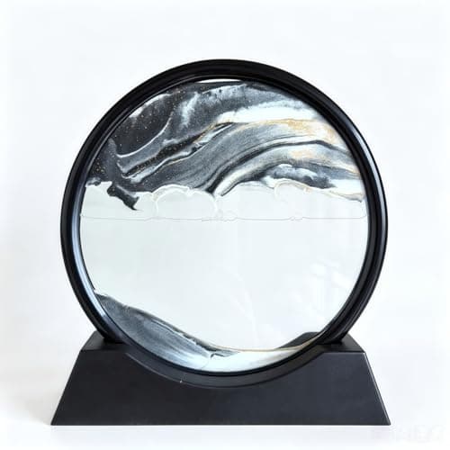 Kbkoudez 3D Moving Sand Art Picture, Round Dynamic Sandscape Desktop Ornament, Flowing Sand Painting in Frame, Stress Relief Relaxing Home Office Shelf Decoration, Ideal Gift (Black, 7inch)
