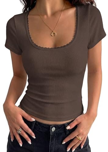 PRETTYGARDEN Women's Short Sleeve Tops 2026 Summer Lace Trim Square Neck Slim Fitted Going Out Basic Tee Shirts Y2K Clothes (Brown,XX-Large) - Image 1