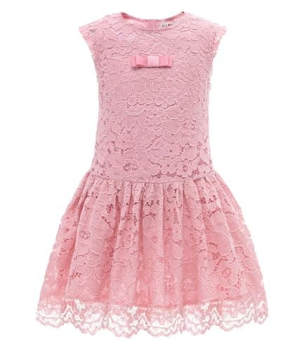 ALLOVIN Girls & Toddlers Lace Drop Waist A-Line Flower Girl Dress Sleeveless Wedding Birthday Party Dress with Bowknot | Pink | 4T