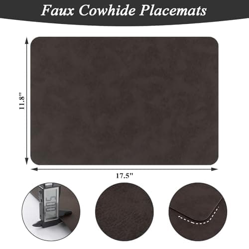 SHACOS Faux Cowhide Leather Placemats Set of 4, Wipeable Heat Resistant Table Mats, Stain Resistant Double Sided Reversible PU Place Mats for Dining Table Kitchen Restaurants, Black Coffee - Thumbnail 2