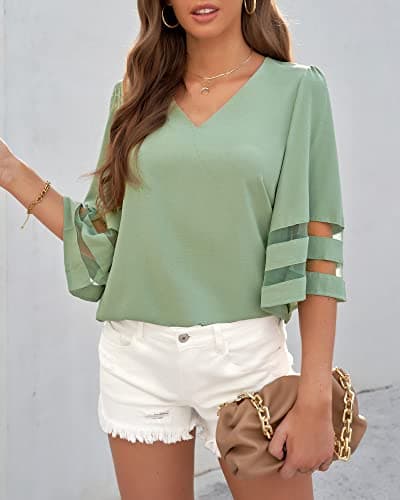 LookbookStore Women's V Neck Floral Print Mesh Panel Blouse 3/4 Bell Sleeve Loose Summer Top Shirt Cameo Green Size XXX-Large Size 24 Size 26 - Thumbnail 4