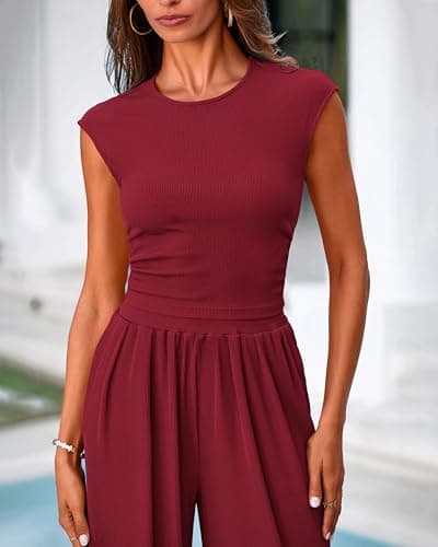 PRETTYGARDEN Women's Summer 2 Piece Set Cap Sleeve Ribbed Knit Ruched Fitted Tops Pleated Flowy Long Pant Matching Sets(Wine Red,Large) - Thumbnail 4