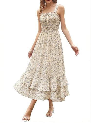 GRACE KARIN Women's 2025 Summer Floral Boho Dress Square Neck Strapped Swing A Line Sundress Beach Long Maxi OutfitsLight Yellow S - Image 1