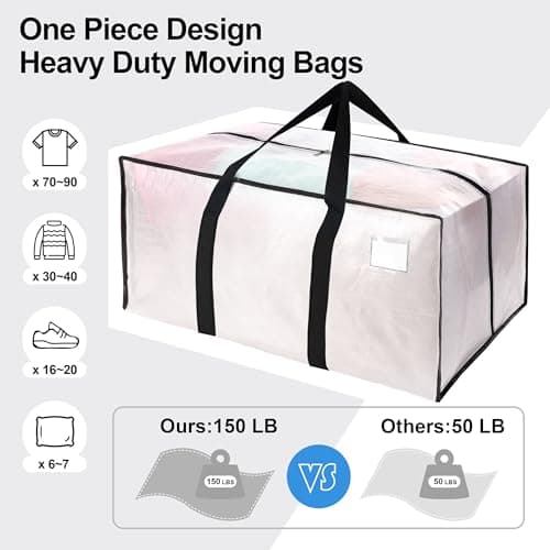 6 Pack Heavy Duty Extra Large Moving Bags W/Backpack Straps - Strong Handles & Zippers, Storage Totes For Space Saving, Fold Flat, Alternative to Box and Bin (40 gal, Semi-Transparent) - Thumbnail 5