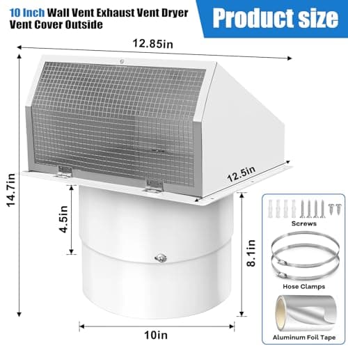 10 Inch Hood Wall Vent Exhaust Vent Dryer Vent Cover Outside Galvanized Steel for Kitchen Range Hood HVAC Dryer Duct,White - Thumbnail 2
