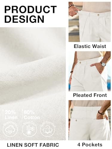 JEMLDL Mens White Cotton Linen Shorts Casual Pleated Summer Beach Resort Elastic Waist 7 Inch Inseam Lightweight Shorts with Pockets X-Large - Thumbnail 5