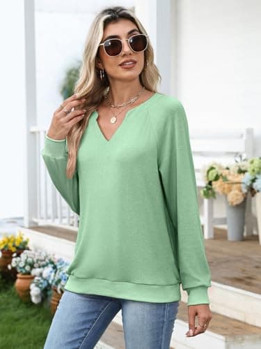 GKBK Womens Sweatshirts Long Sleeve V Neck Tops Fall Winter Basic Casual Lightweight Pullover Shirt Green - Thumbnail 3