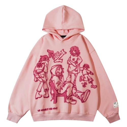 Aelfric Eden Mens Graphic Oversized Hoodie Cartoon Character Print Streetwear Casual hoodies y2k Hooded Sweatshirt Pink