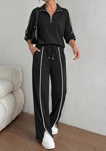 BTFBM Two Piece Sets for Women Fall Fashion 2026 Long Sleeve Half Zip Lounge Set Wide Leg Pants Vacation Airport Outfits (Black,Small) - Thumbnail 6