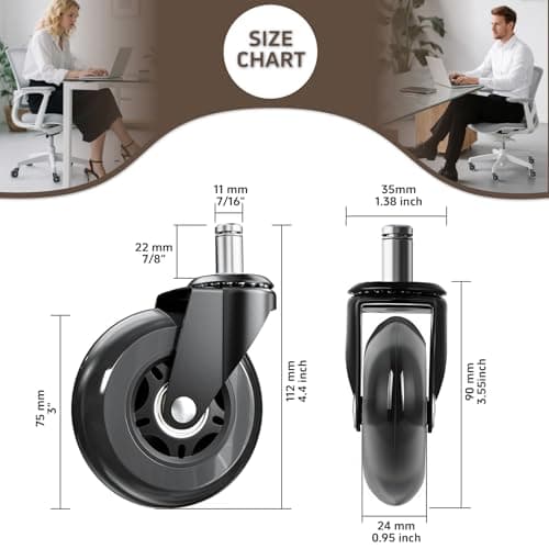 ASHGOOB 3 Inch Office Chair Wheels Set of 5, Heavy Duty Replacement Casters, Smooth Quiet Roll for Hardwood Floor Carpet, Universal 11mm Stem, Non-Marking PU Wheels（Black 5 Pack - Thumbnail 2