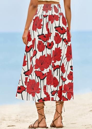 Wenrine Womens Floral Print Maxi Skirt High Waisted A Line Boho Flowy Beach Vacation Long Skirts with Pockets Red - Thumbnail 5