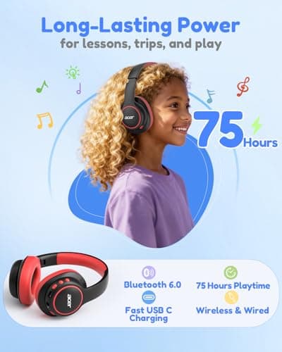 Acer Kids Bluetooth Headphones, Over Ear Headphone for Kids with Mic, 75H Playtime, 85dBA Safe Volume, Bluetooth 6.0, USB C Fast Charging, Toddler Headphones for iPad/Tablet/Travel/School-Black Red - Thumbnail 5