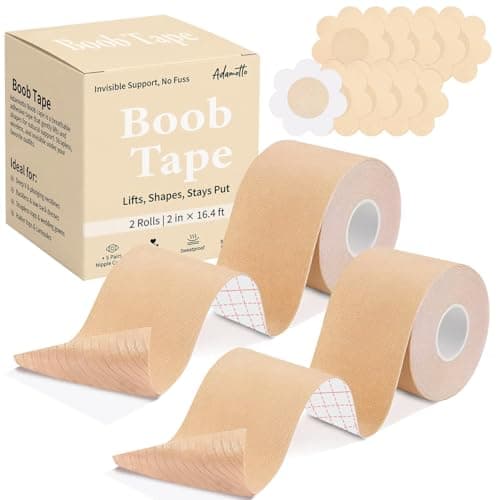 Boob Tape for Breast Lift – 2 Rolls Breathable Waterproof Push Up Adhesive Body Tape with 5 Pairs Sticky Nipple Covers, Invisible Support for Backless Strapless Dresses, Large Breasts A-G Cup Beige