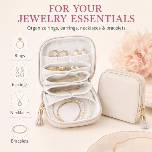 A Lots MiLi 2 Pcs Travel Jewelry Case for Women - Small Jewelry Organizer Box with Velvet Lining, Portable PU Leather Jewelry Storage Case for Necklaces Earrings Rings Bracelets, Cream White - Thumbnail 2