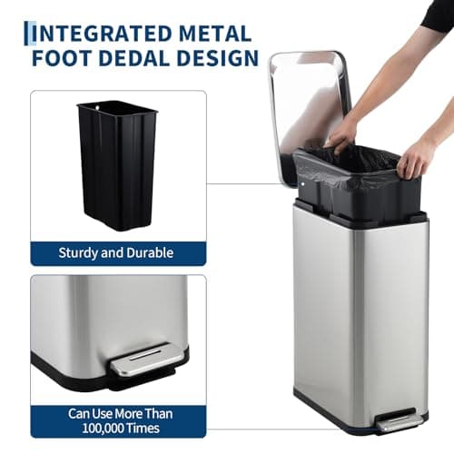 Garvee 13 gal Kitchen Trash Can, Stainless Steel Step Garbage Bin with Soft-Close Lid & Removable Bucket – Fingerprint Proof, Slim Design for Narrow Spaces, Bathroom or Office (50 L/13.2 gal) - Thumbnail 3