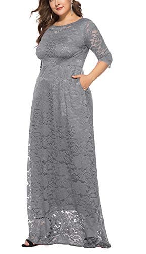 Eternatastic Womens Floral Lace 2/3 Sleeves Maxi Dress Evening Party Long Dress 3XL Gray - Thumbnail 4