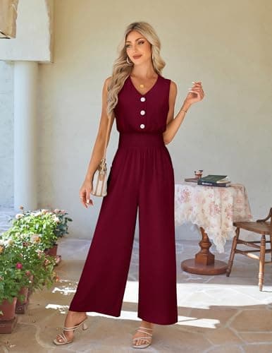 LOOKBOHO Womens Trendy Jumpsuit Dressy Casual Rompers Summer Sleeveless V Neck Elastic Waist Wide Leg Pants 2026(WR,S) - Thumbnail 2