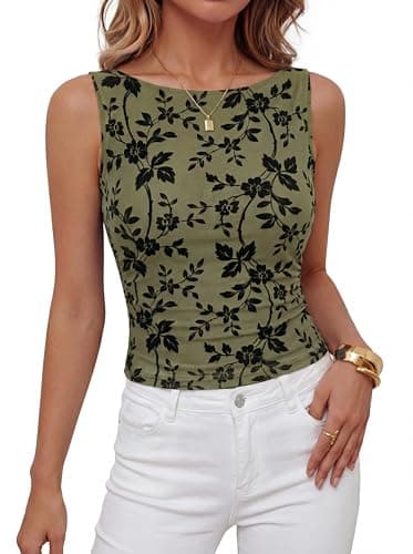 BTFBM Womens Tank Tops 2026 Summer Floral Mesh Sleeveless Boat Neck Slim Fit Shirts Casual Spring Ruched Going Out Top(Army Green, Medium) - Image 1
