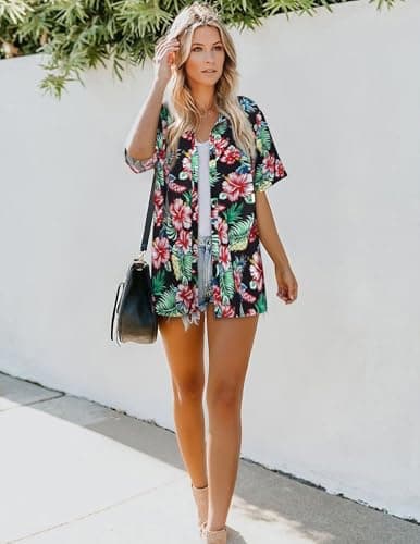 LILYCHIC Women's Floral Button Down Hawaiian Shirts Tropical Tops Summer Hawaii Beach Short Sleeve Blouses Black 3XL - Thumbnail 4