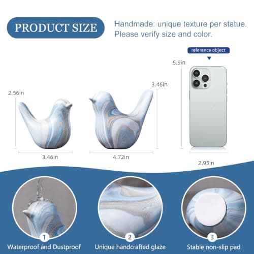 TZIZO 2 Pcs Hand-Painted Blue White Marble Ceramic Bird Statues, Modern Shelf Decor Accents, Unique Gift for Living Room Office Bookshelf Coffee Table (L: 12 & 8.8 cm, H: 8.8 & 6.5 cm) - Thumbnail 4
