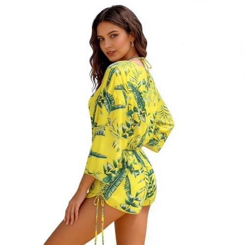 Bolsamila Women's 3 Piece Swimsuit Leaf Print Halter Bathing Suit Summer Tropical Halter Triangle Bikini Set with Beach Cover Up Yellow Green Beach Pool Vacation Small - Thumbnail 3