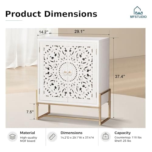 MFSTUDIO Wood Accent Storage Cabinet with 2 Doors, Distressed Storage Cabinet Buffet Sideboard Display Cabinets with Hollow Carved Floral Pattern for Living Room Entryway, Metal Base,White - Thumbnail 2