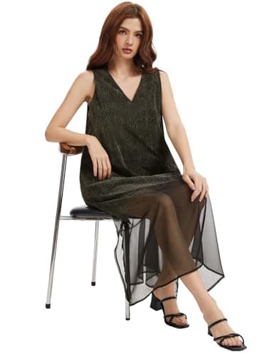 J.Corrine Women V-Neck Sleeveless Denim Flocked Chiffon Dress Gradient Blue Black White Tank Casual Midi Spring Summer Dress - Thumbnail 5