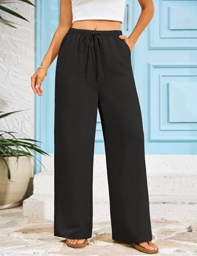 LOOKBOHO Wide Leg Pants for Women Flowy Palazzo Drawstring Elastic Waist Trousers with Pockets Summer Beach Vacation Clothes Black XL - Thumbnail 5