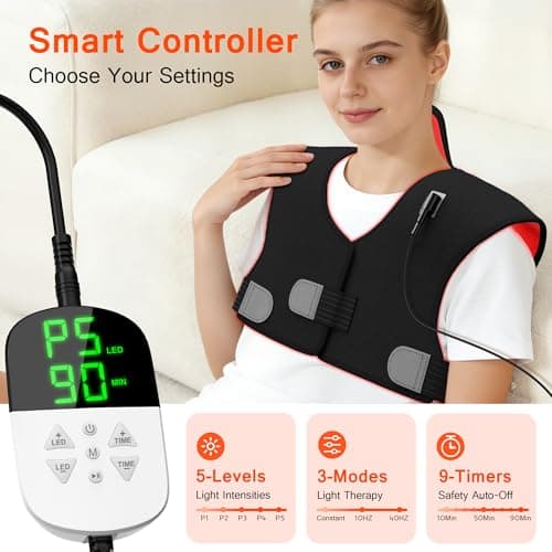 SUHZF Red Light Therapy for Neck and Shoulders, 165 LEDs Infrared Light Therapy Wrap for Home/Office, 5 Levels & 9 Timer Infrared Heating Pad for Neck, Shoulder, Chest, Upper Back - Thumbnail 3
