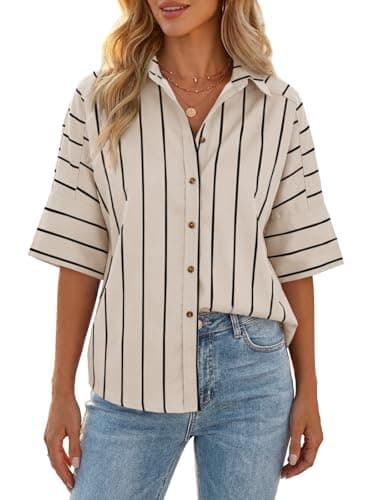 Cicy Bell Womens Striped Button Down Shirts Short Sleeve Collared Dressy Casual Loose fit Tops Work Office Blouses Beige - Image 1