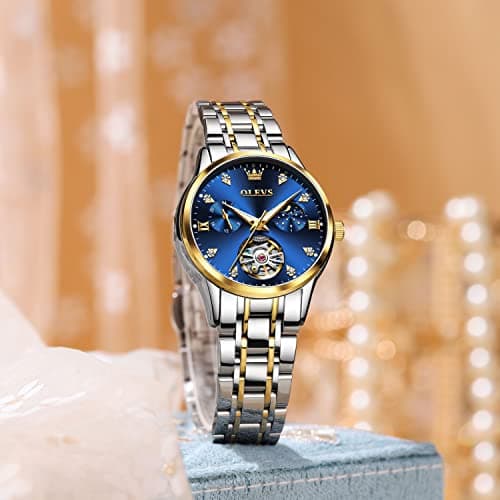 OLEVS Automatic Watches for Women Blue Face Elegant Self Winding Womens Watch Moon Phase Stainless Steel Waterproof Watch Luminous Mechanical Ladies Watches - Thumbnail 3