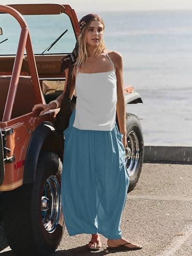 COCOMARTS Womens Linen Wide Leg Palazzo Pants Casual Loose Elastic Drawstring Flowy Pant 2025 Fall Travel Baggy Harem Pants with Pocket Lake Blue Medium - Thumbnail 5