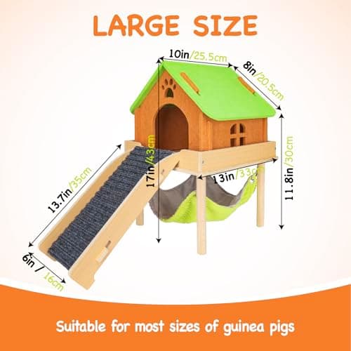 BESNEW 3 in 1 Enlarged Guinea Pig Hammock with House & Platform,Wooden Guinea Pig Hideout with Hammock & Stairs Small Animal Toys for Hiding Sleeping Activities - Thumbnail 4
