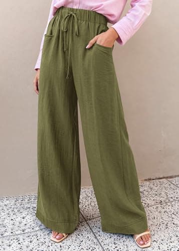 KIRUNDO Wide Leg Palazzo Pants for Women Summer High Waist Flowy Casual Trousers Lounge Pants Beach Vacation Travel Outfits (Army Green, Medium) - Thumbnail 4