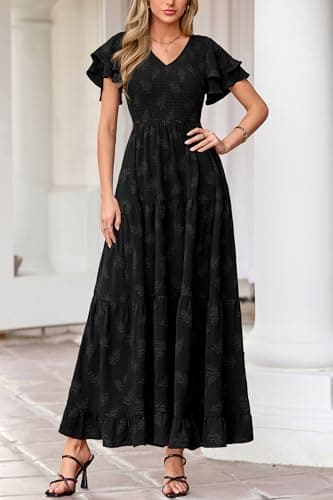 dowerme Maxi Dresses for Women 2026 Summer Ruffle Sleeve V Neck Smocked A Line Floral Boho Tiered Sundress Spring Outfit(Black,X-Large) - Thumbnail 2