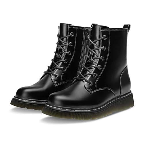 Athlefit Women's Lace-Up Combat Boots Fashion Casual Low Platform Lug Sole Ankle Booties with Side Zipper for Daily Wear,Black Smooth .Size 6.5,AD01863