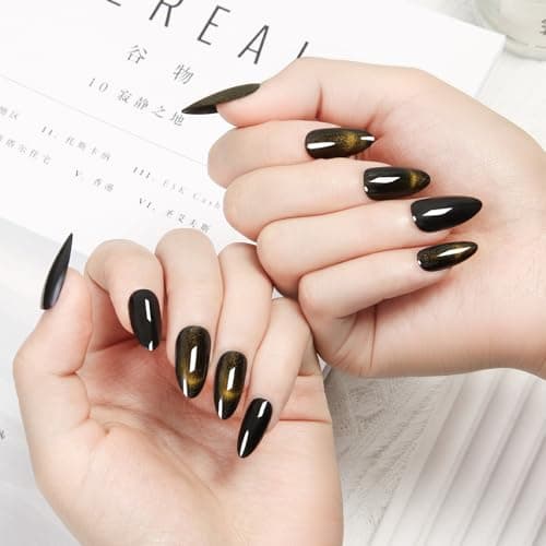 Glue On Nails Almond Black Goth - Cat Eye Mysterious Shine Handmade Reusable Nails for Gothic Chic Look, 24 Nails in 12 Sizes with Glue, Adhesive Tabs, File, Prep Pad, Manicure Stick - Thumbnail 2